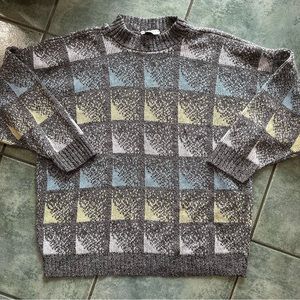 VTG 80s Chunky Knit Gray Patterned Mock Neck Sweater